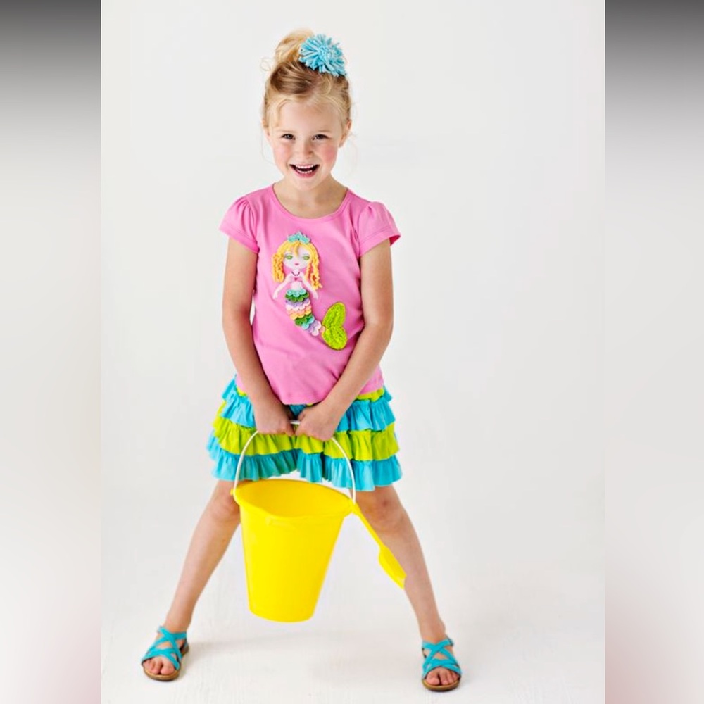 NWT Lemon Loves Lime Appliqué Rainbow Mermaid Tee and Matching Ruffle Skirt